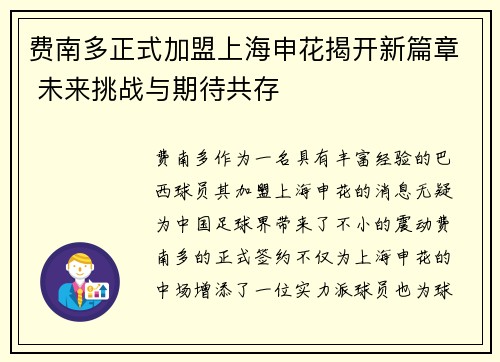 费南多正式加盟上海申花揭开新篇章 未来挑战与期待共存